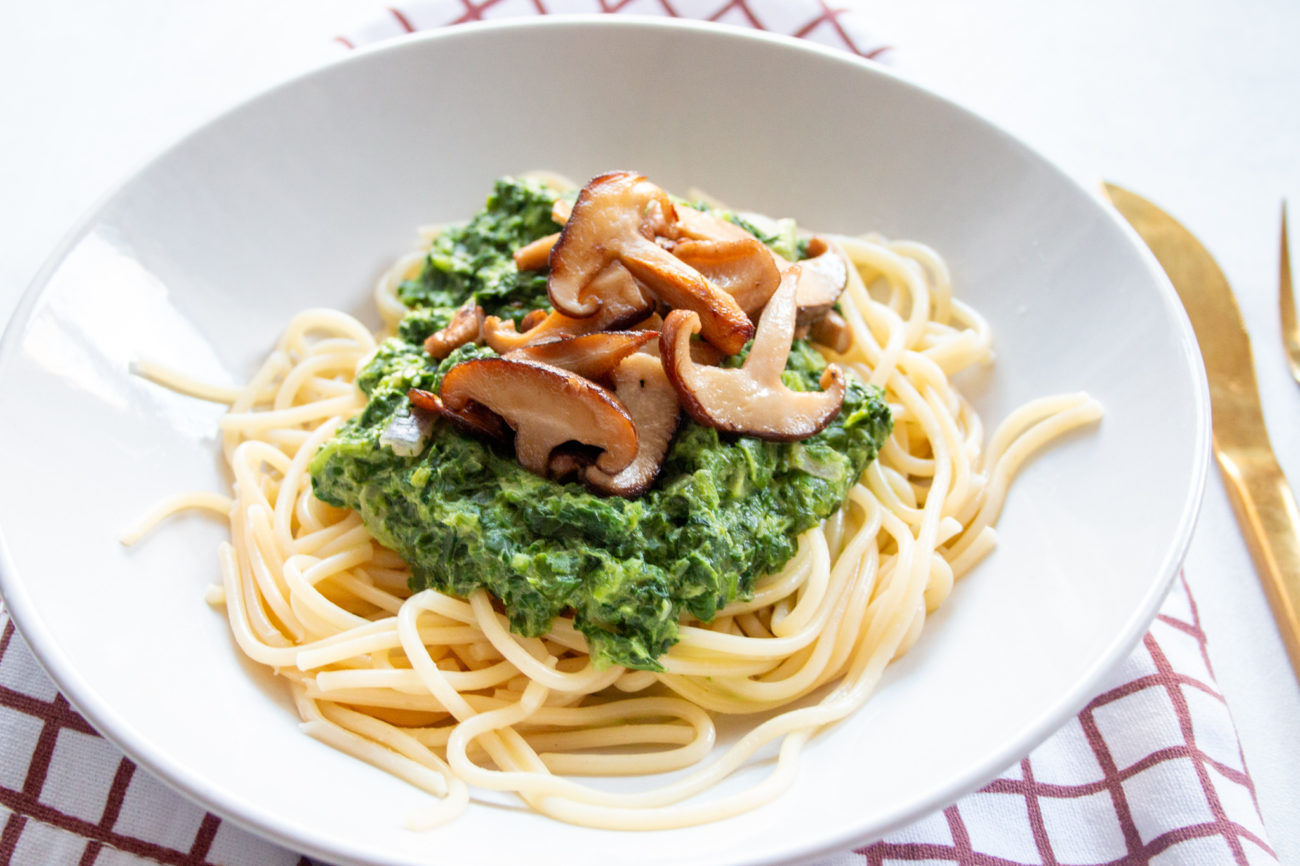 Spaghetti met Spinazie en opgebakken Shiitake
