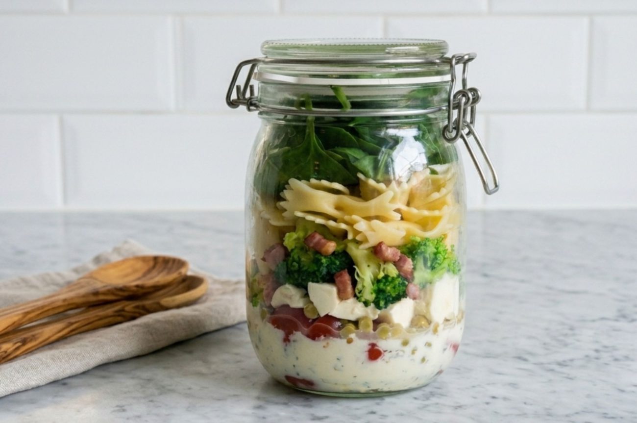 Rijkgevulde Groene Pastasalade in een Pot met Spek en Italiaanse Dressing