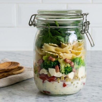 Rijkgevulde Groene Pastasalade in een Pot met Spek en Italiaanse Dressing- Kidshoekje.nl